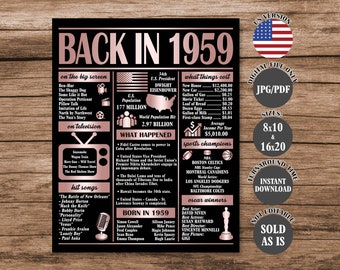 Rose Gold Back in 1959 Printable Poster, 65th Birthday, Anniversary or Reunion Sign, What Happened in 1959 Printable Digital Download
