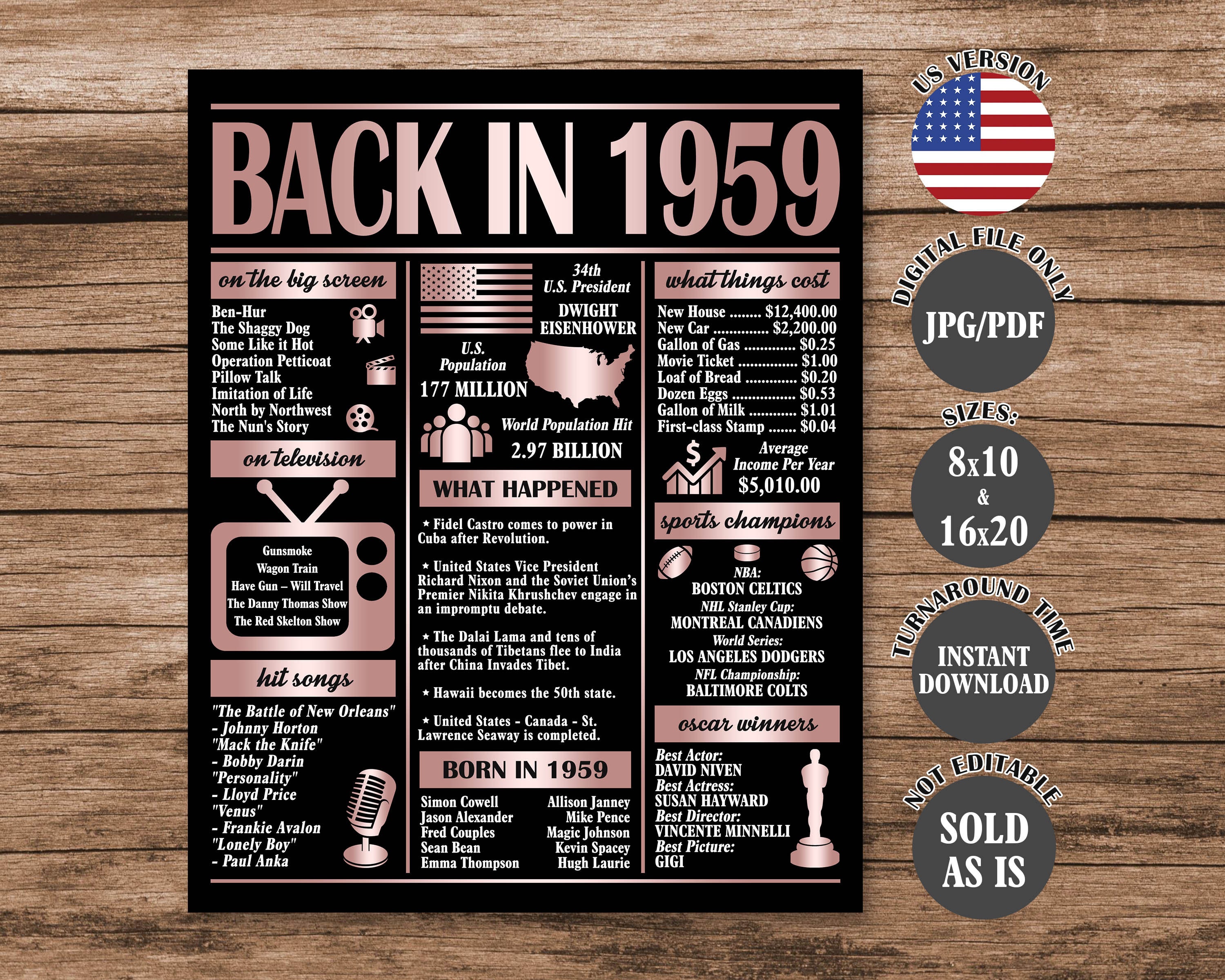 Rose Gold Back in 1959 Printable Poster, 65th Birthday, Anniversary or ...