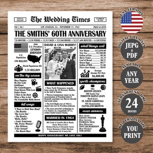 60th Wedding Anniversary Newspaper Poster, 1964 Anniversary Sign, 60th Anniversary Gift, Married in 1964 Poster Digital Download