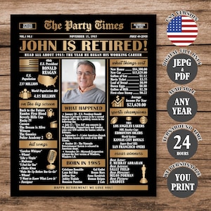 Gold Retirement Newspaper Poster, Retirement Gift for Men or Women Work Anniversary Gift, Retirement Party Decoration, ANY YEAR, Printable
