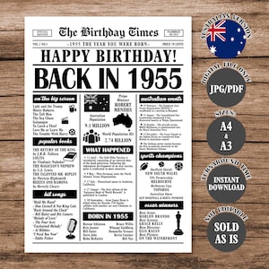 1955 Year You Were Born Back in 1955 Australian Poster What Happened in 1955 in Australia Born in 1955 Aussie Version Newspaper Sign Digital