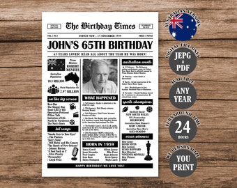 Australia in 1959, Australian 65th Birthday Newspaper Poster, Back in 1959 Aussie Poster, Born in 1959 Sign Australian Version Printable