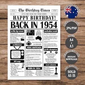 1954 Year You Were Born Back in 1954 Australian Poster What Happened in 1954 in Australia Born in 1954 Aussie Version Newspaper Sign Digital
