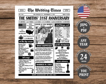 31st Wedding Anniversary Newspaper Poster, 1993 Anniversary Sign, 31st Anniversary Gift, Married in 1993 Poster Digital Download