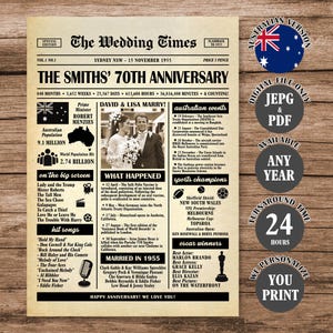 Australia 70th Anniversary Newspaper Poster, 1955 Anniversary Sign, 70th Wedding Anniversary Gift, Married in 1955 Poster Australian Version