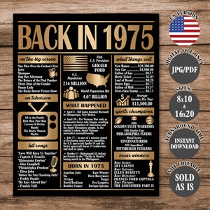 Gold Back in 1975 Poster 50 Years Ago, What Happened in 1975, 50th Birthday Sign, 50th Anniversary Poster Printable Digital Download