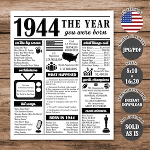 1944 The Year You Were Born, Back in 1944 Poster, What Happened in 1944 Fun Facts Sign 80 Years Ago, 80th Birthday Newspaper Sign