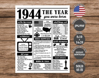 1944 The Year You Were Born, Back in 1944 Poster, What Happened in 1944 Fun Facts Sign 80 Years Ago, 80th Birthday Newspaper Sign
