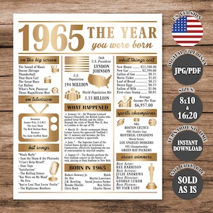Gold 1965 The Year You Were Born, Back in 1965 Poster, What Happened in 1965 Fun Facts Sign 60 Years Ago, 60th Birthday Newspaper Sign