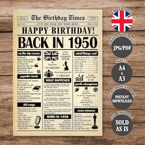 Puede incluir: Un diseño de periódico de estilo vintage en blanco y negro con una ilustración de la portada de un periódico. El titular dice "¡Feliz cumpleaños! De vuelta en 1950." El periódico incluye secciones para "En la gran pantalla", "Libros populares", "Canciones exitosas", "Lo que cuestan las cosas", "Lo que sucedió", "Campeones deportivos", "Nacidos en 1950" y "Ganadores del Oscar".