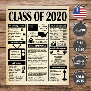 以下が含まれることがあります： 「2020年卒業生」という見出しと、2020年に起こった出来事（ニュース、スポーツ、エンターテイメントなど）をまとめた、白黒の新聞風印刷可能なポスター。2020年の一般的な商品やサービスの価格も記載されています。