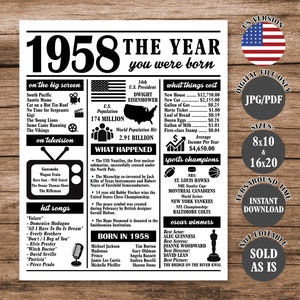 1958 The Year You Were Born, Back in 1958 Poster, What Happened in 1958 Fun Facts Sign 67 Years Ago, 67th Birthday Newspaper Sign