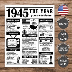 1945 The Year You Were Born, Back in 1945 Poster, What Happened in 1945 Fun Facts Sign 80 Years Ago, 80th Birthday Newspaper Sign