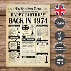 1974 Year You Were Born Back in 1974 United Kingdom Poster What Happened in 1974 in UK Born in 1974 British Version Newspaper Sign Digital