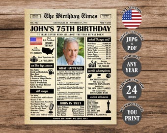 75th Birthday Newspaper Poster: Back in 1951 Sign (Digital Download)