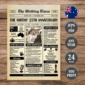 Australia 25th Anniversary Newspaper Poster, 2000 Anniversary Sign, 25th Wedding Anniversary Gift, Married in 2000 Poster Australian Version