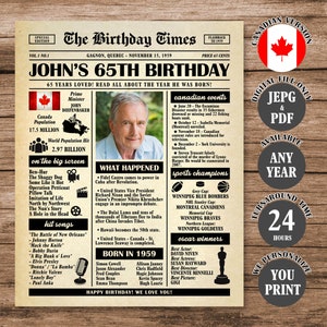 65th Birthday Newspaper Poster Canada, Back in 1959 Poster, What Happened in 1959, Born in 1959 Sign Canadian Version Printable
