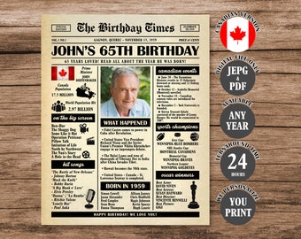 65th Birthday Newspaper Poster Canada, Back in 1959 Poster, What Happened in 1959, Born in 1959 Sign Canadian Version Printable