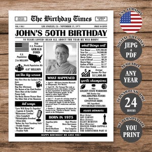 50th Birthday Newspaper Poster: Back in 1975 Facts (Digital Download, PDF/JPEG File, Any Size)