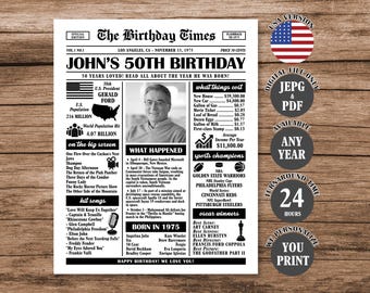 50th Birthday Newspaper Poster: Back in 1975 Facts (Digital Download)