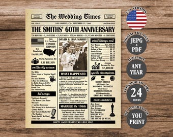 60th Wedding Anniversary Newspaper Poster: Married in 1966 Sign (Digital Download)