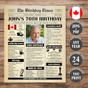 70th Birthday Newspaper Poster Canada, Back in 1954 Poster, What Happened in 1954, Born in 1954 Sign Canadian Version Printable