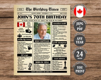 70th Birthday Newspaper Poster Canada, Back in 1954 Poster, What Happened in 1954, Born in 1954 Sign Canadian Version Printable