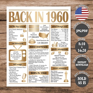 Gold Back in 1960 Poster 65 Years Ago, What Happened in 1960, 65th Birthday Sign, 65th Anniversary Poster Printable Digital Download
