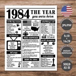 1984 The Year You Were Born, Back in 1984 Poster, What Happened in 1984 Fun Facts Sign 40 Years Ago, 40th Birthday Newspaper Sign
