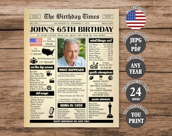 65th Birthday Newspaper Poster, Back in 1959 Sign, 65th Birthday Gift, What Happened in 1959 Personalized Poster Digital Download