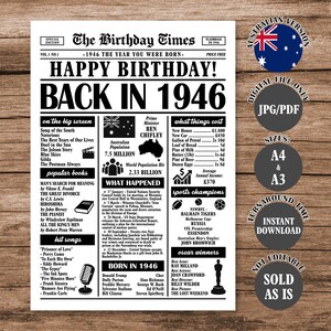May include: A black and white print titled "The Birthday Times" with the headline "Happy Birthday! Back in 1946." The print includes information about popular books, hit songs, and what things cost in 1946. An Australian flag is in the upper right corner.