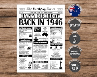 Back in 1946 Birthday Poster: Australian Facts Printable Vintage Newspaper (Digital Download)