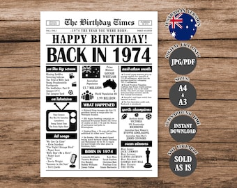 1974 Year You Were Born Back in 1974 Australian Poster What Happened in 1974 in Australia Born in 1974 Aussie Version Newspaper Sign Digital