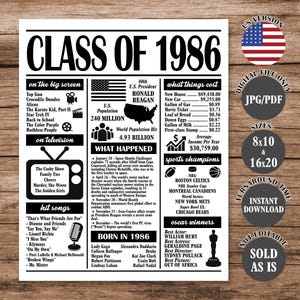 May include: A black and white poster titled "CLASS OF 1986" with information about the year's movies, television shows, hit songs, and world events. Includes the U.S. flag and details about the U.S. President, Ronald Reagan. Available in 8x10 and 16x20 sizes.