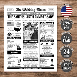 35th Anniversary Newspaper Poster: Married in 1990 (Digital Download, PDF & JPEG Options Available)