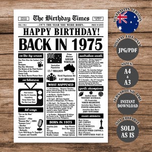 1975 Year You Were Born Back in 1975 Australian Poster What Happened in 1975 in Australia Born in 1975 Aussie Version Newspaper Sign Digital