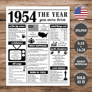 1954 The Year You Were Born, Back in 1954 Poster, What Happened in 1954 Fun Facts Sign 70 Years Ago, 70th Birthday Newspaper Sign