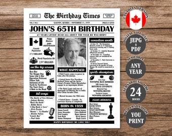 Canada in 1959, Canadian 65th Birthday Newspaper Poster, Back in 1959, What Happened in 1959, Born in 1959 Sign Canadian Version Printable