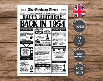 Back in 1954 United Kingdom Poster What Happened in 1954 Born in 1954 British Version 70th Birthday Newspaper Sign Digital Download