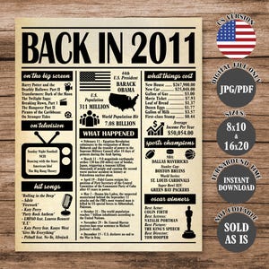 May include: A black and white newspaper-style print titled "BACK IN 2011" with information about movies, TV shows, hit songs, and sports champions. Includes the US flag and the text "US VERSION".