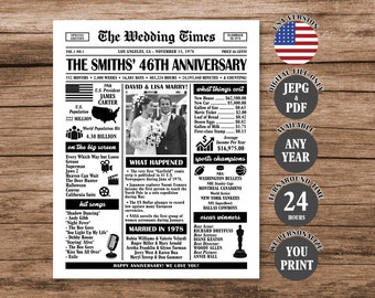 46th Wedding Anniversary Newspaper Poster, 1978 Anniversary Sign, 46th Anniversary Gift, Married in 1978 Poster Digital Download