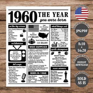1960 The Year You Were Born, Back in 1960 Poster, What Happened in 1960 Fun Facts Sign 65 Years Ago, 65th Birthday Newspaper Sign