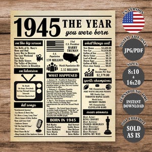 1945 The Year You Were Born, Back in 1945 Poster, What Happened in 1945, 80th Birthday Gift, 80th Birthday Newspaper Sign