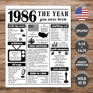 Puede incluir: Un póster en blanco y negro con el texto "1986 El año en que naciste". Incluye información sobre el presidente de EE. UU., la población, canciones exitosas, películas y campeones deportivos de 1986. El póster está disponible en tamaños de 20x25 cm y 40x50 cm.