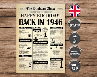 Puede incluir: Una impresión de época de 1946, titulada "The Birthday Times", con titulares, títulos de películas, títulos de libros y canciones exitosas de ese año. Incluye la población del Reino Unido y las cifras de población mundial, y una lista de ganadores del Oscar.