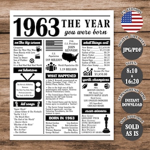 1963 The Year You Were Born, Back in 1963 Poster, What Happened in 1963 Fun Facts Sign 62 Years Ago, 62nd Birthday Newspaper Sign