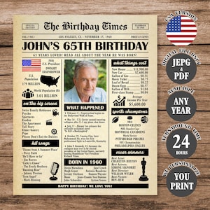 65th Birthday Newspaper Poster, Back in 1960 Sign, 65th Birthday Gift, What Happened in 1960 Personalized Poster Digital Download