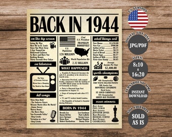 1944 Poster, 80 Years Ago Back in 1944, What Happened in 1944, 80th Birthday Sign, 80th Anniversary Poster Printable Digital Download