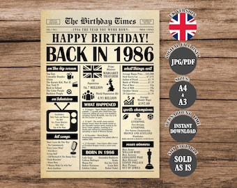 UK 40th Birthday Newspaper Poster: Back in 1986 Sign British Version (Digital Download)