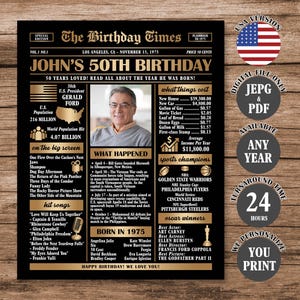Gold 50th Birthday Newspaper Poster, Back in 1975, What Happened in 1975, Made in 1975, Born in 1975, 50th Birthday Gift